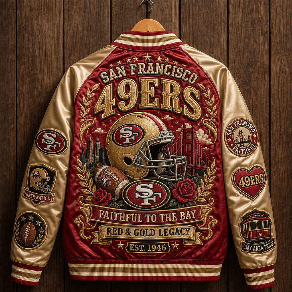 San Francisco 49ers Faithful to the Bay Red And Gold Legacy Varsity Jacket 49ers Merch Fan Gift - Merchluma
