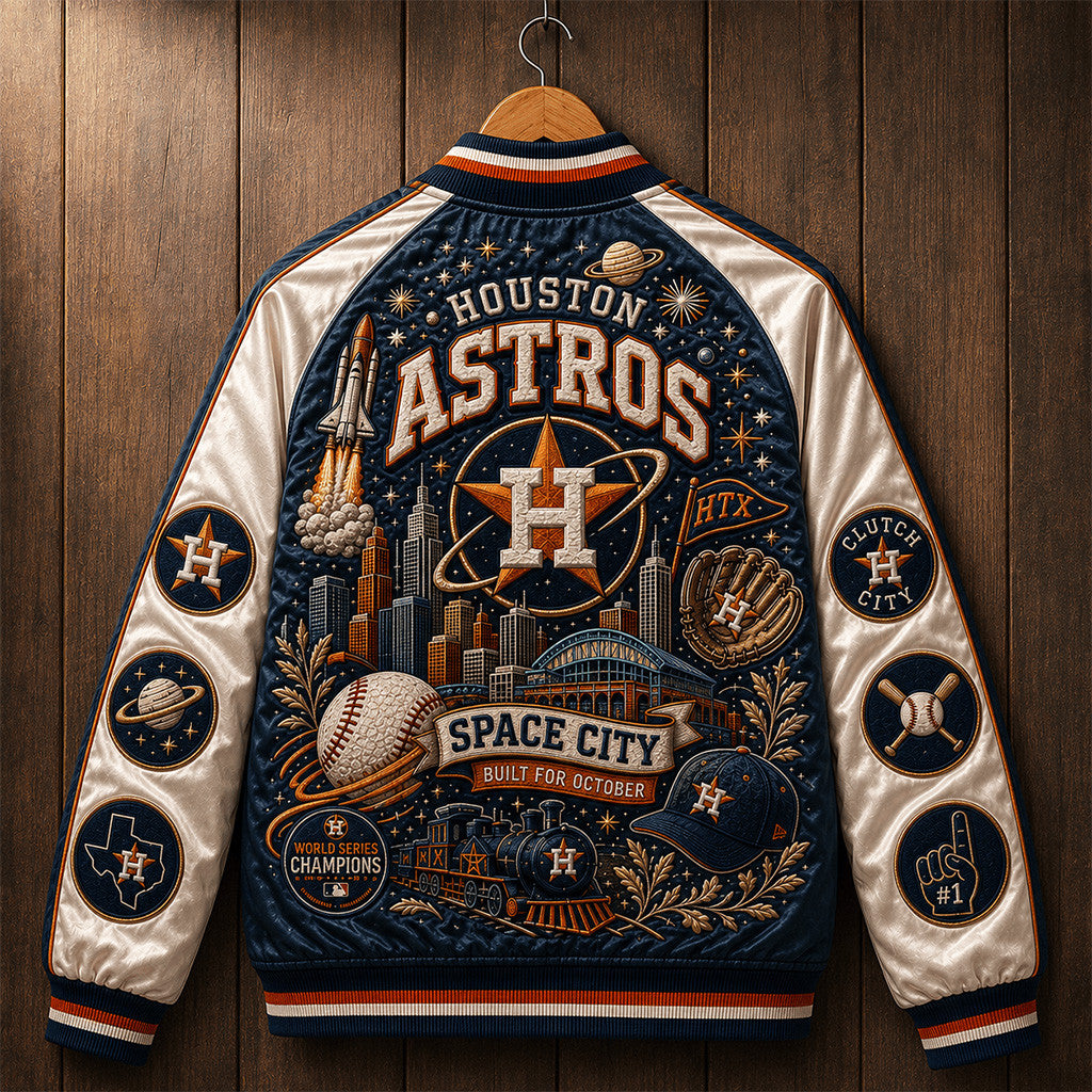 Houston Astros Space City Built for October Varsity Jacket Astros Merch Game Day Gifts - Merchluma