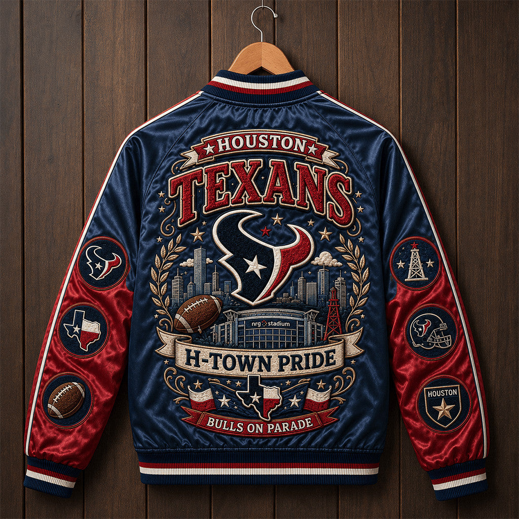 Houston Texans H-Town Pride Bulls on Parade Varsity Jacket Texans Merch Game Day Presents - Merchluma