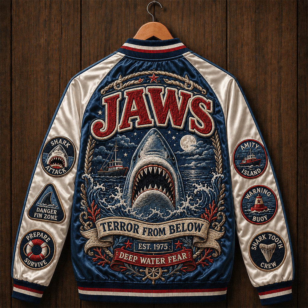Jaws Terror From Below Deep Water Fear Varsity Jacket Classic Shark Movie Apparel Jaws Merch - Merchluma
