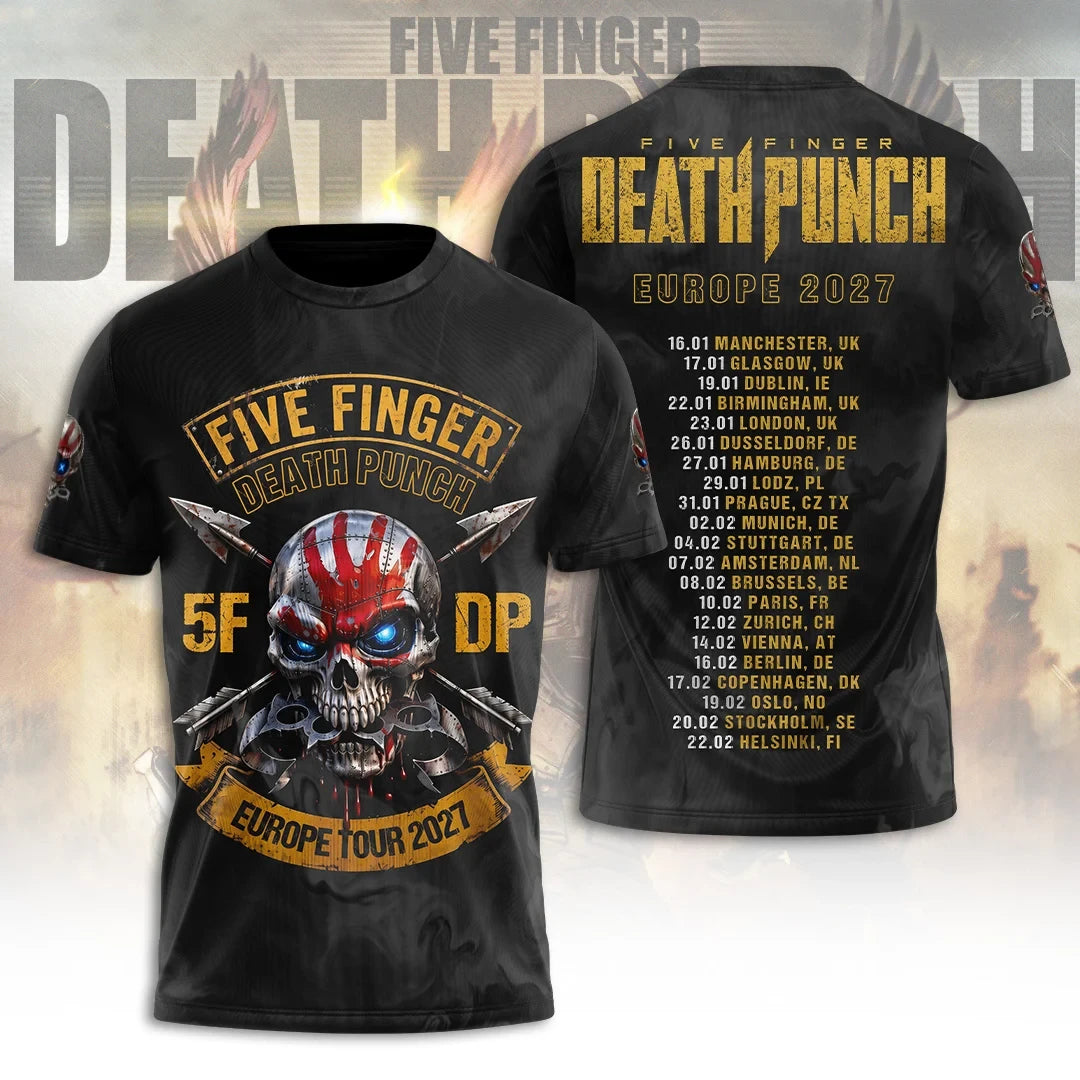 Five Finger Death Punch 2027 Tour Merch 5FDP Europe Heavy Metal Band Graphic T-Shirt Fan Gear - Merchluma