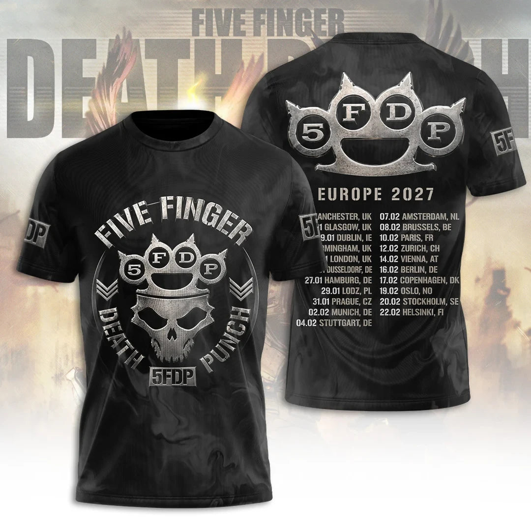 Five Finger Death Punch Merch Europe Tour 2027 T-Shirt Heavy Metal Rock Band Concert Tee - Merchluma