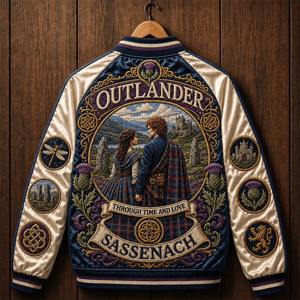 Outlander Through Time and Love Sassenach Varsity Jacket Scottish Romance TV Series Fan Clothes - Merchluma
