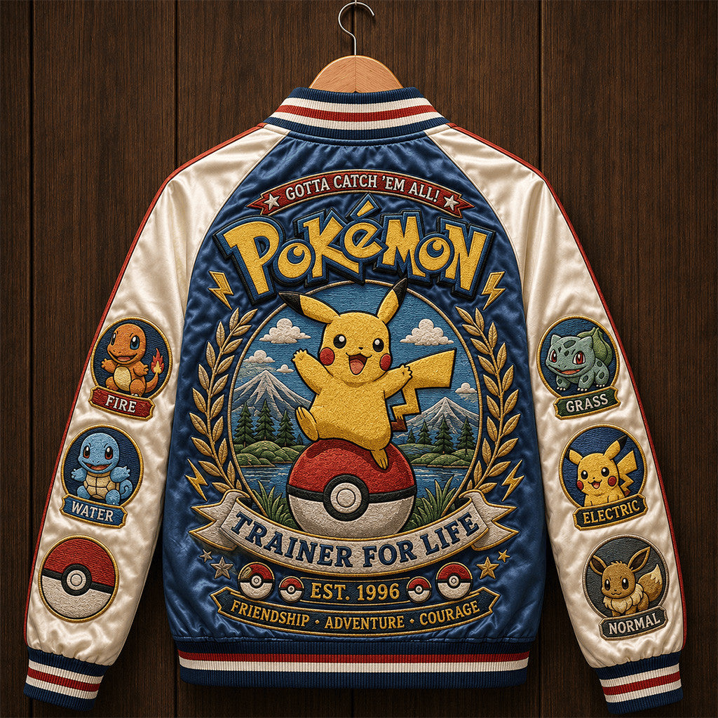 Pokemon Trainer for Life Gotta Catch Em All Varsity Jacket Pikachu Anime Fan Gifts - Merchluma