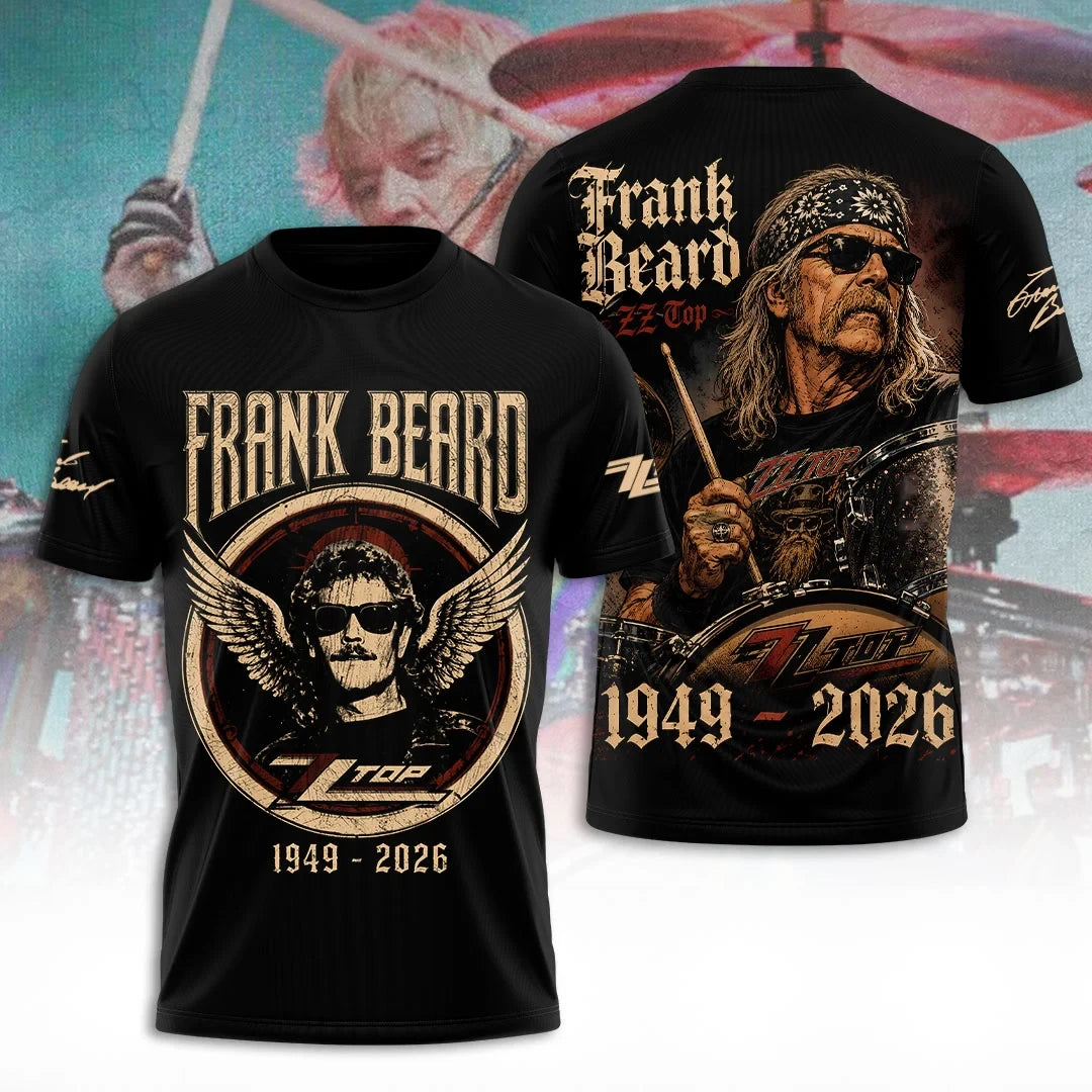 Frank Beard Memorial T-Shirt ZZ Top Drummer Rock Legend Tribute Graphic Tee Frank Beard Merch - Merchluma