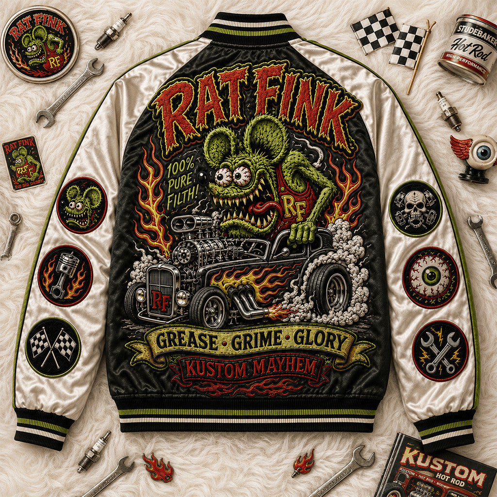 Rat Fink Grease Grime Glory Kustom Mayhem Varsity Jacket Hot Rod Racing Apparel Rat Fink Merch - Merchluma