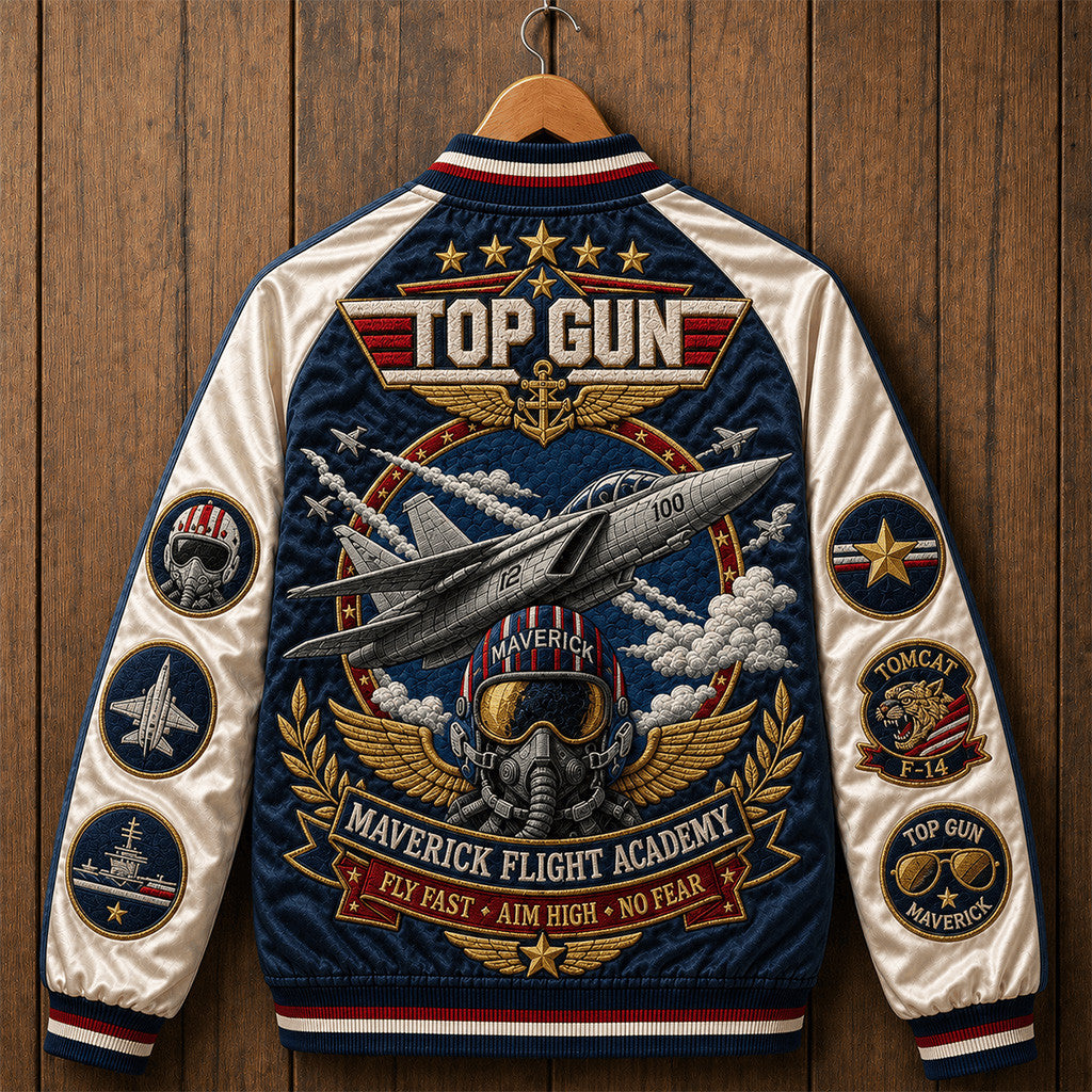 Top Gun Merch Maverick Flight Academy Fly Fast Aim High Varsity Jacket F-14 Tomcat Movie Fan Gift - Merchluma