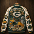 Green Bay Packers Go Pack Go Varsity Jacket Packers Merch Gifts For Football Fan - Merchluma