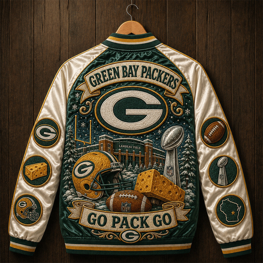 Green Bay Packers Go Pack Go Varsity Jacket Packers Merch Gifts For Football Fan - Merchluma