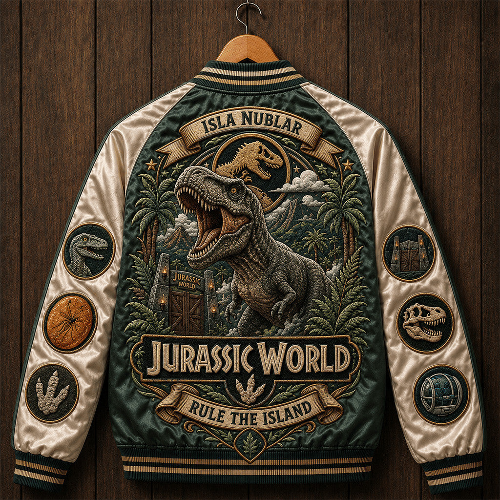 Jurassic World Isla Nublar Rule The Island Varsity Jacket Dinosaur Movie Fan Gear Jurassic Merch - Merchluma