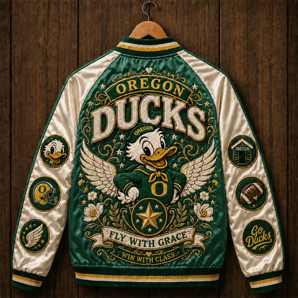 Oregon Ducks Fly With Grace Win With Class Varsity Jacket Ducks Merch Football Fan Gifts - Merchluma