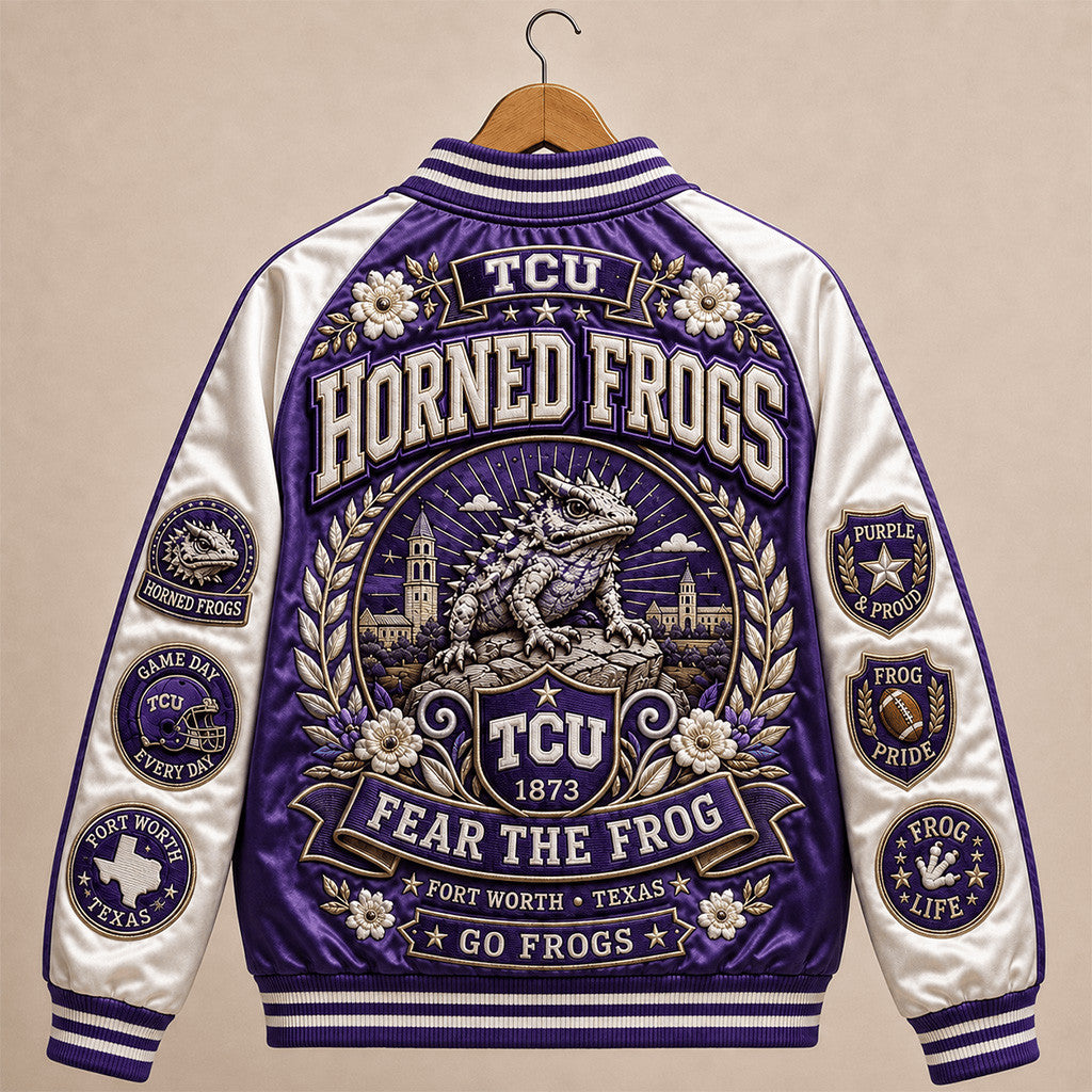 TCU Horned Frogs Merch Fear The Frog Varsity Jacket Fort Worth Football Fan Gear Game Day Gift - Merchluma