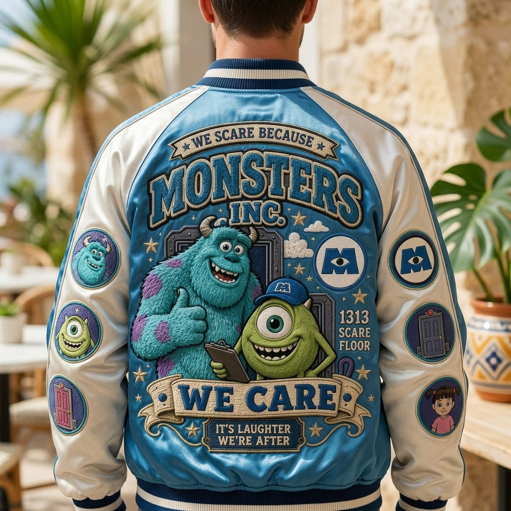 Monsters Inc We Scare Because We Care Varsity Jacket Sulley Mike Wazowski Cartoon Gear Fan Gift - Merchluma