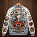 Snoopy Merch Good Days Happiness Is a Warm Puppy Varsity Jacket Peanuts Cartoon Fan Gifts - Merchluma