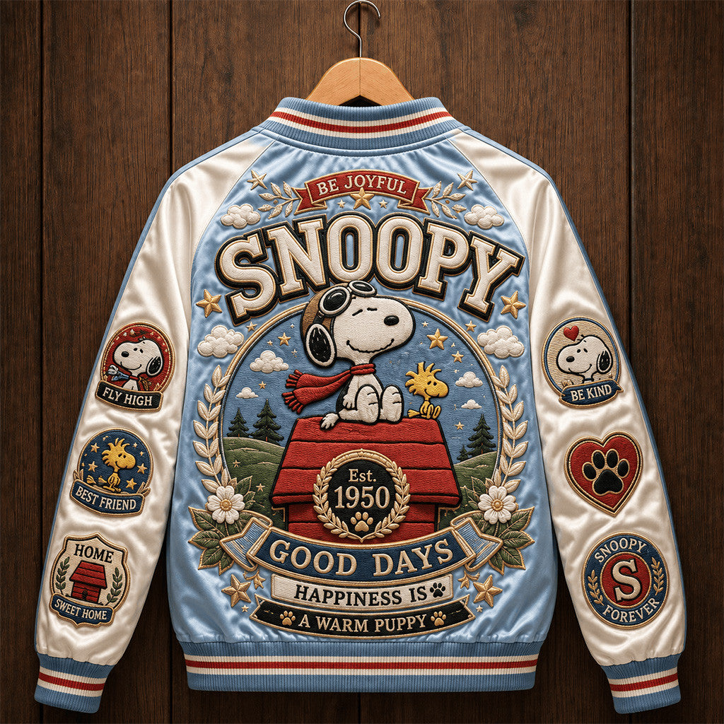 Snoopy Merch Good Days Happiness Is a Warm Puppy Varsity Jacket Peanuts Cartoon Fan Gifts - Merchluma