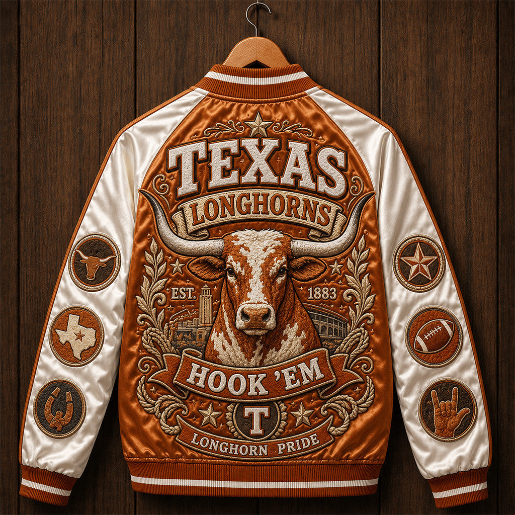 Texas Longhorns Hook Em Longhorn Pride Varsity Jacket Texas Football Fan Apparel Longhorns Merch - Merchluma