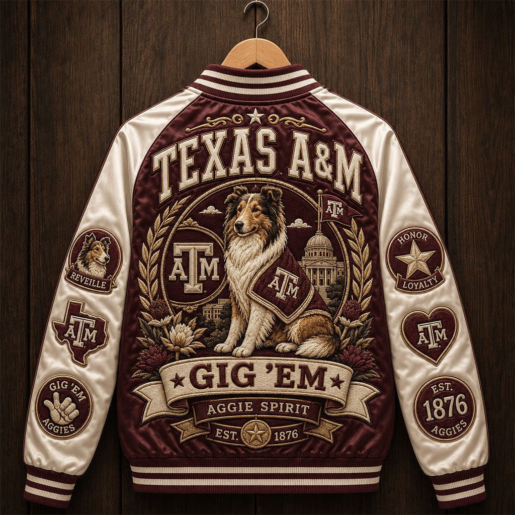 Texas A&M Gig Em Aggie Spirit Varsity Jacket Reveille College Football Fan Gear Game Day Gift - Merchluma