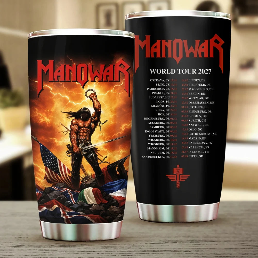 Manowar Fighting The World 2027 Tour Tumbler Kings Of Metal Heavy Rock Band Cup Manowar Merch - Merchluma