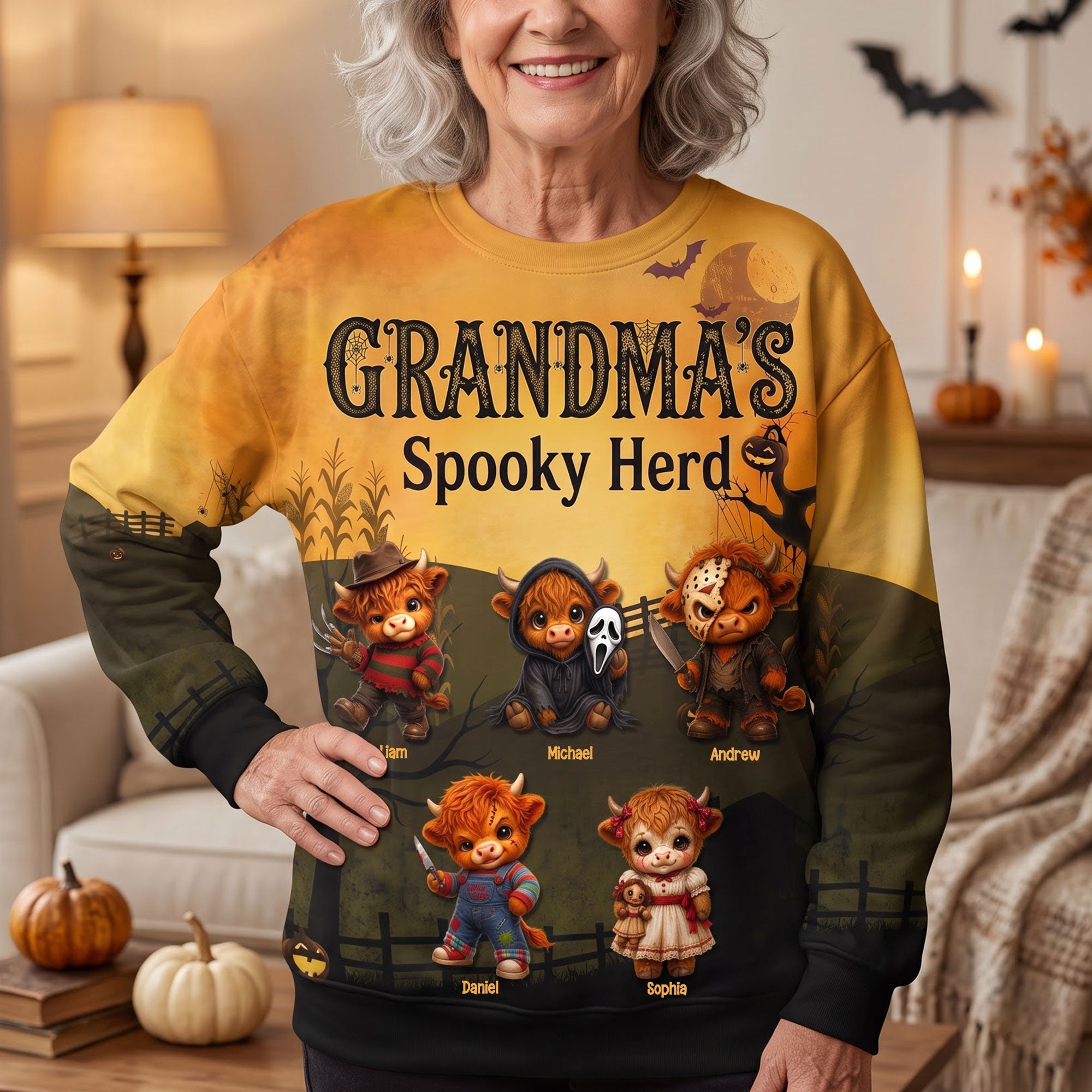 Personalized Highland Cow Grandma's Spooky Herd Halloween Sweatshirt Gifts For Grandma - Merchluma