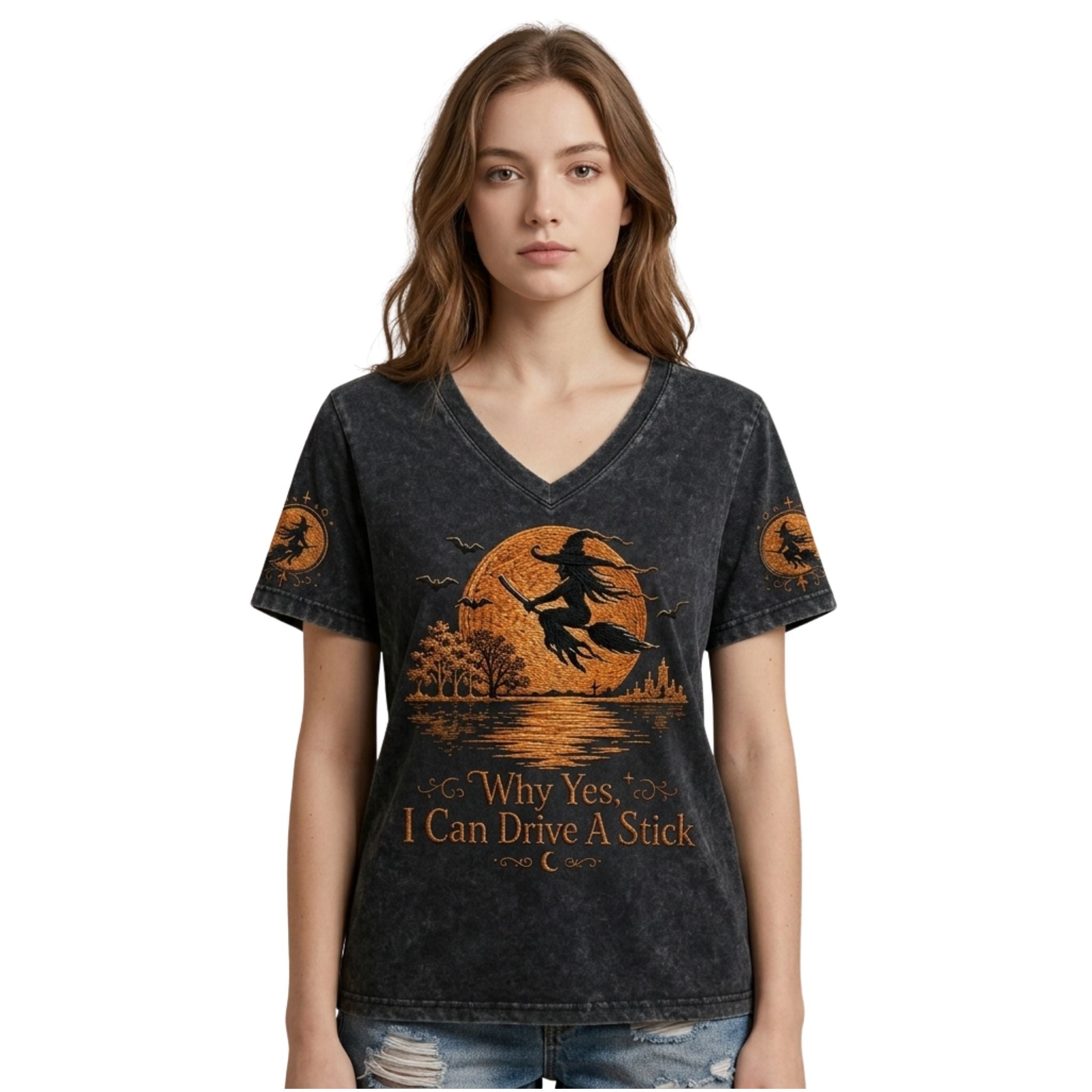 Why Yes Actually I Can Drive A Stick 2026 Halloween V-Neck Shirt Horror Holiday Apparel - Merchluma