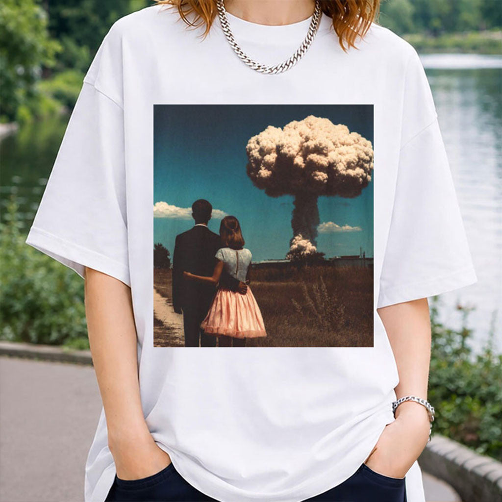 Couple Watching Nuclear Mushroom Cloud Retro T-Shirt Gifts For Him Her - Merchluma