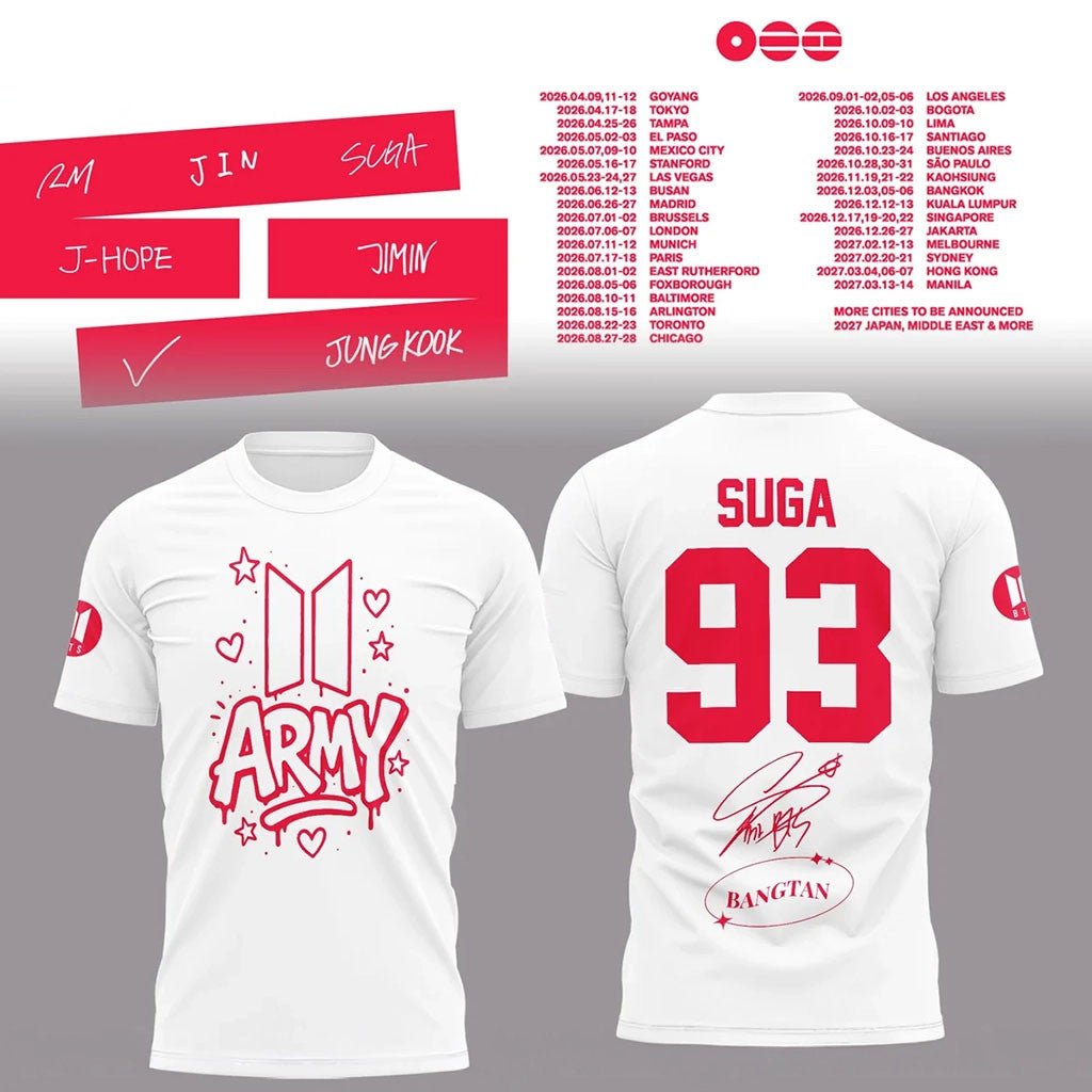 BTS #93 Suga World Tour T-Shirt White BTS Army Merch Gift Ideas For Kpop Fans - Merchluma