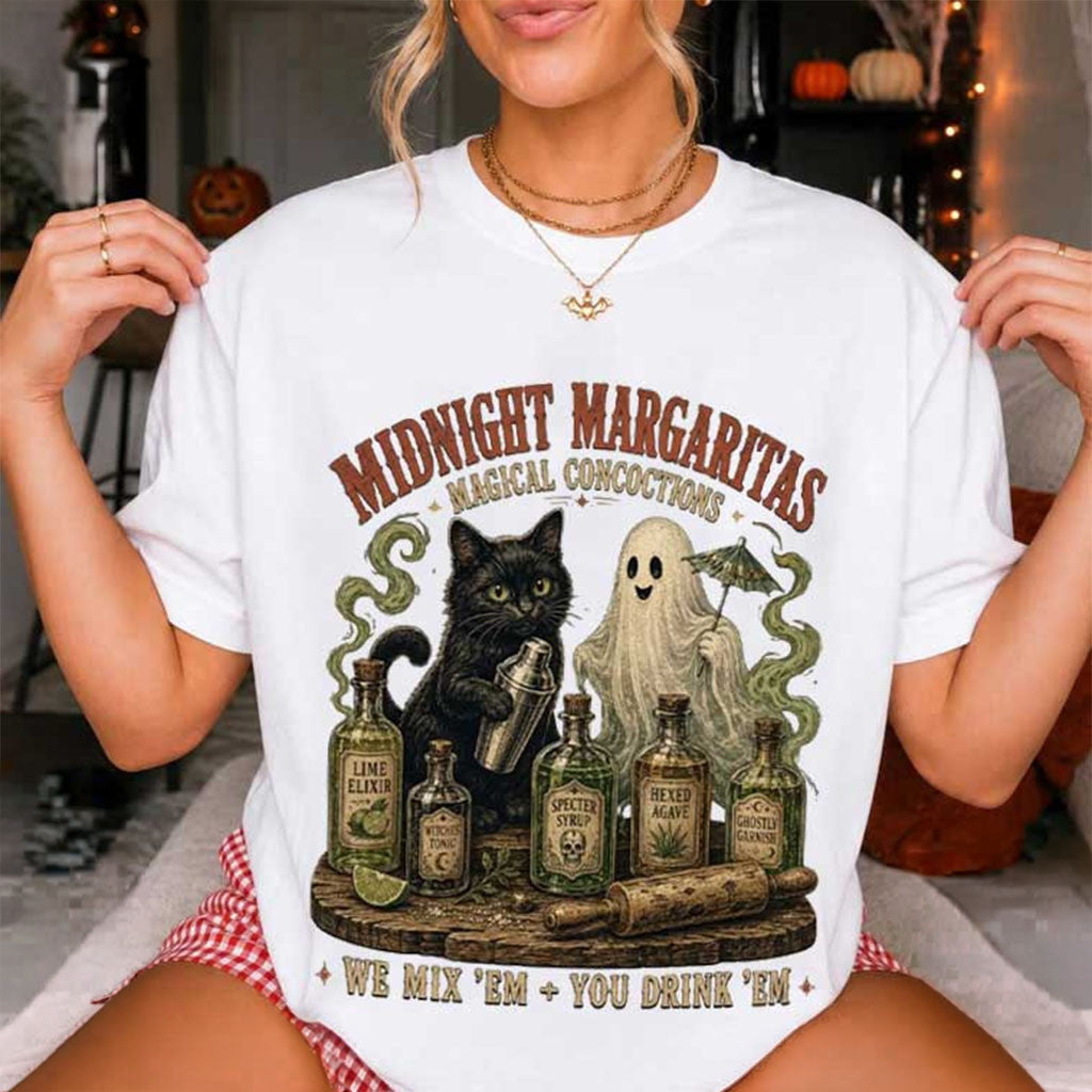 Midnight Margaritas Magical Concoctions Black Cat Cocktail Spooky T-Shirt Halloween Shirt - Merchluma