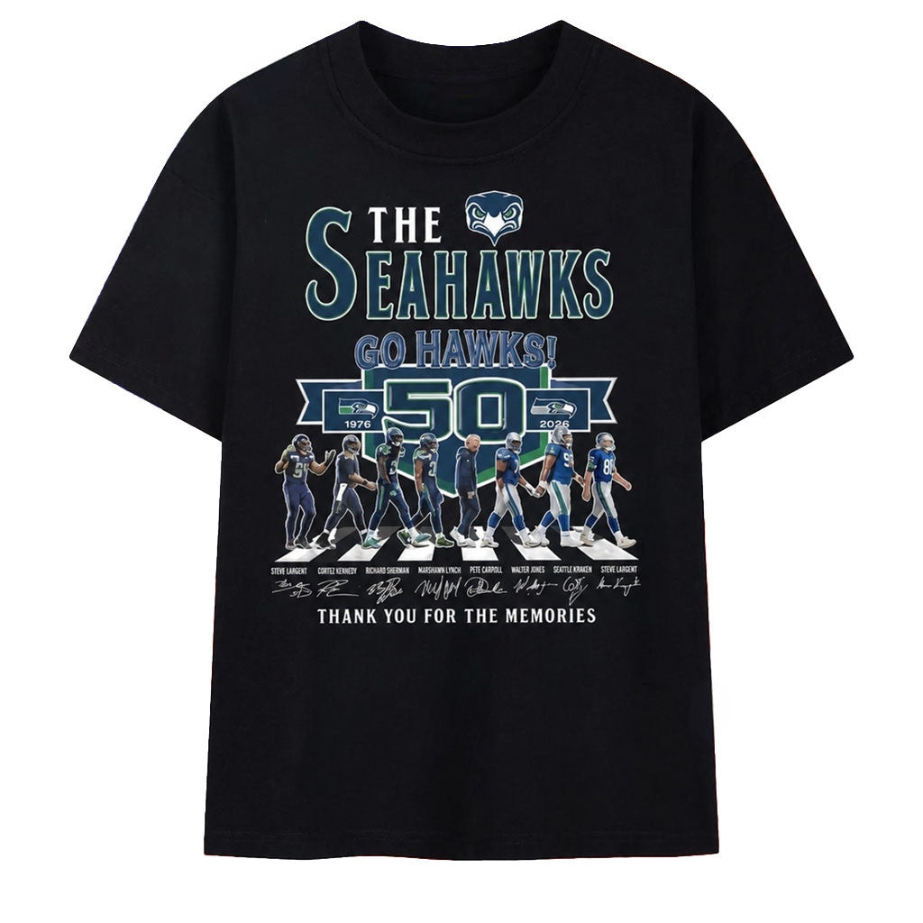 Seattle Seahawks 50th Anniversary 1976 2026 Legends Walking Signatures T-Shirt Seahawks Merch - Merchluma