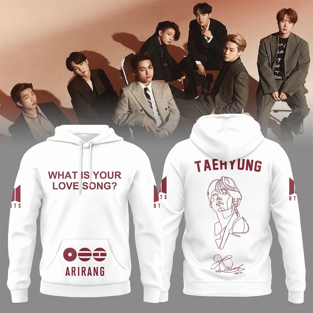 BTS What Is Your Love Song Taehyung Hoodie White Arirang Tour Merch Gifts For BTS Fans - Merchluma