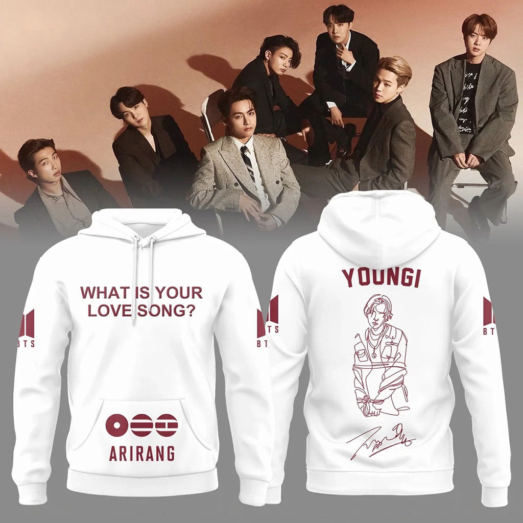 BTS What Is Your Love Song Yoongi Hoodie White Arirang Tour Merch Gifts For BTS Fans - Merchluma