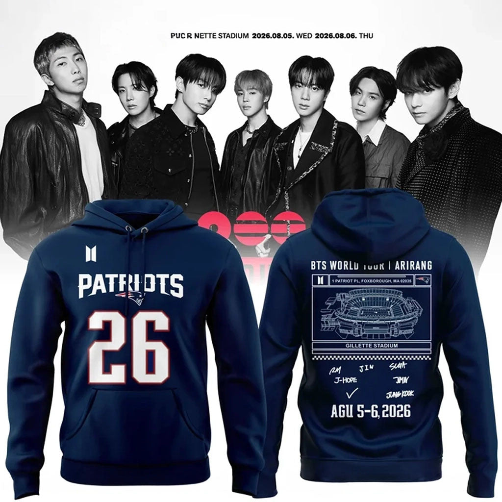 BTS x New England Patriots Merch BTS Arirang World Tour 2026 Hoodie New England Football Apparel - Merchluma