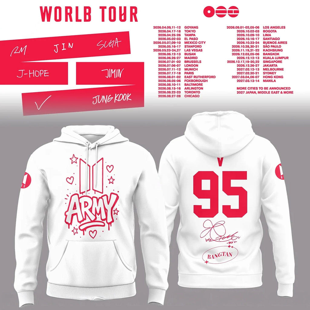 BTS #95 V World Tour Hoodie White BTS Army Merch Kpop Fan Gear Gift Ideas For BFF - Merchluma