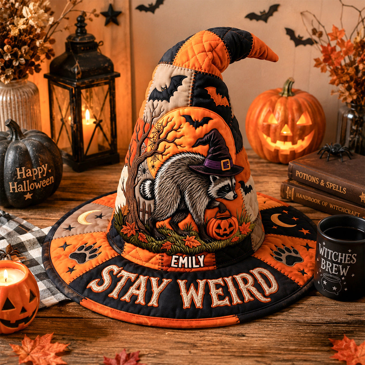 Personalized Funny Raccoon Quilted Witch Hat Weird Halloween Quilted Hat Spooky Decor Gifts - Merchluma