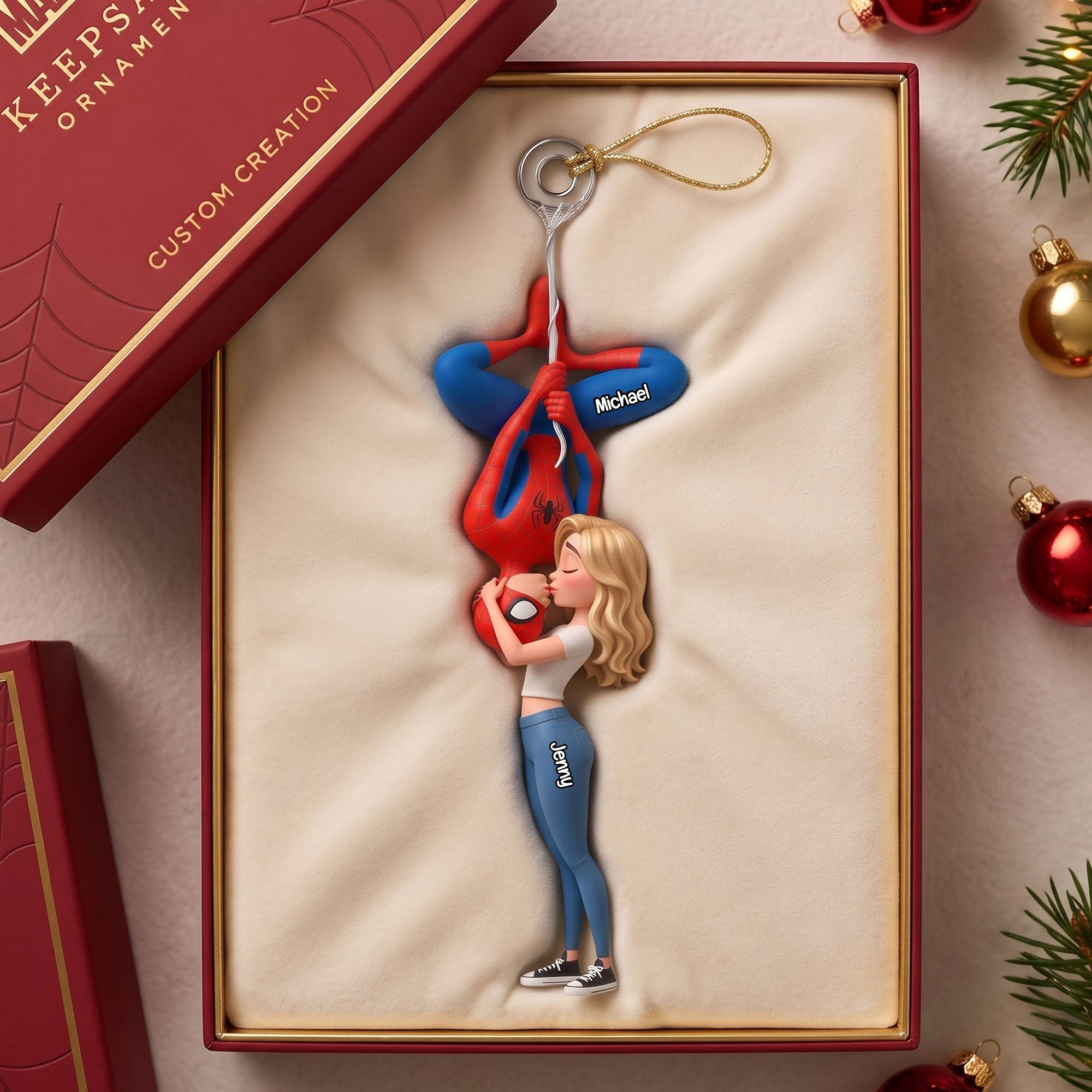 Personalized Spider Hero Couple Sweet Kisses Acrylic Ornament Cute Christmas Tree Decor - Merchluma