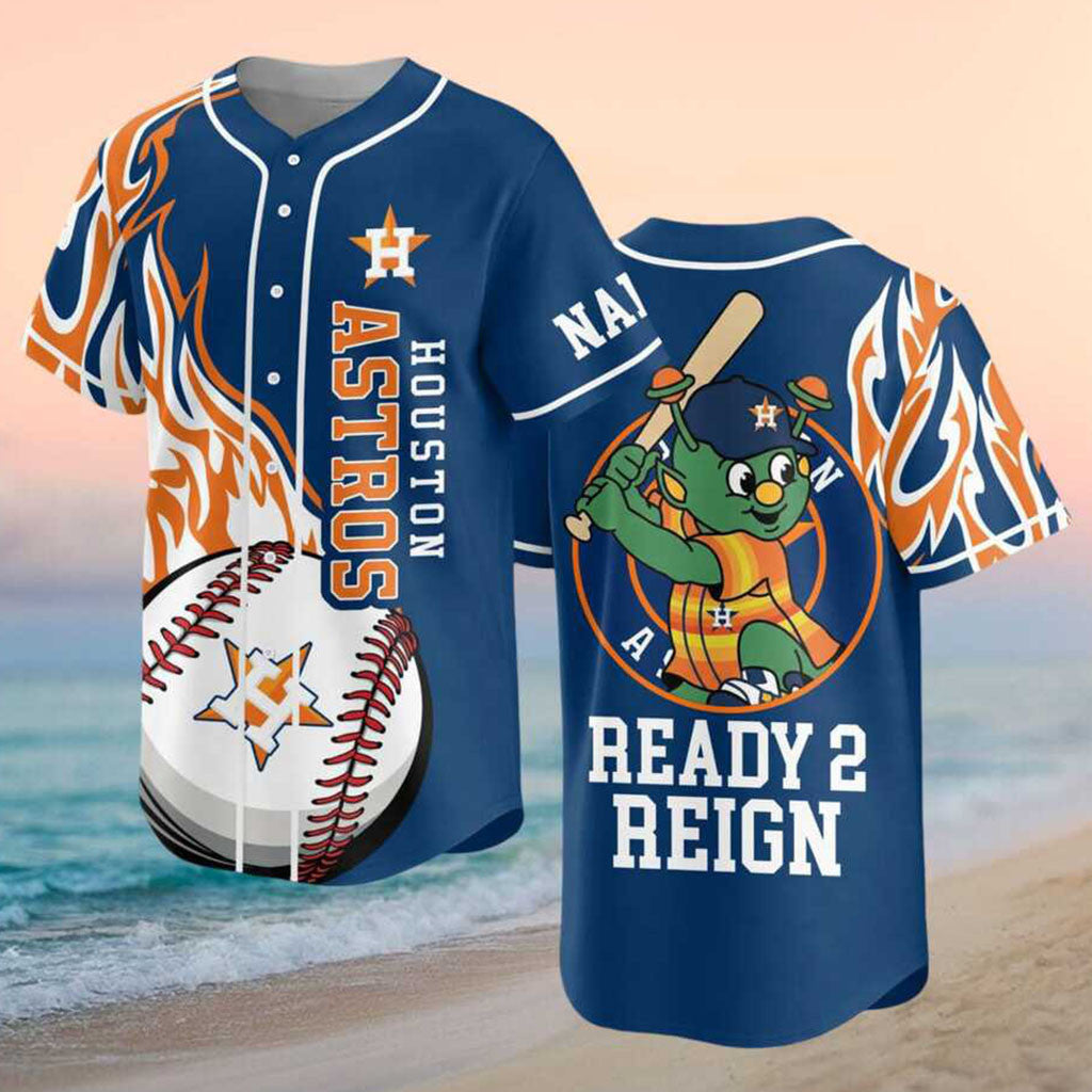 Custom Houston Astros Alien Mascot Flames Ready 2 Reign Baseball Jersey Astros Merch Gifts For Fans - Merchluma