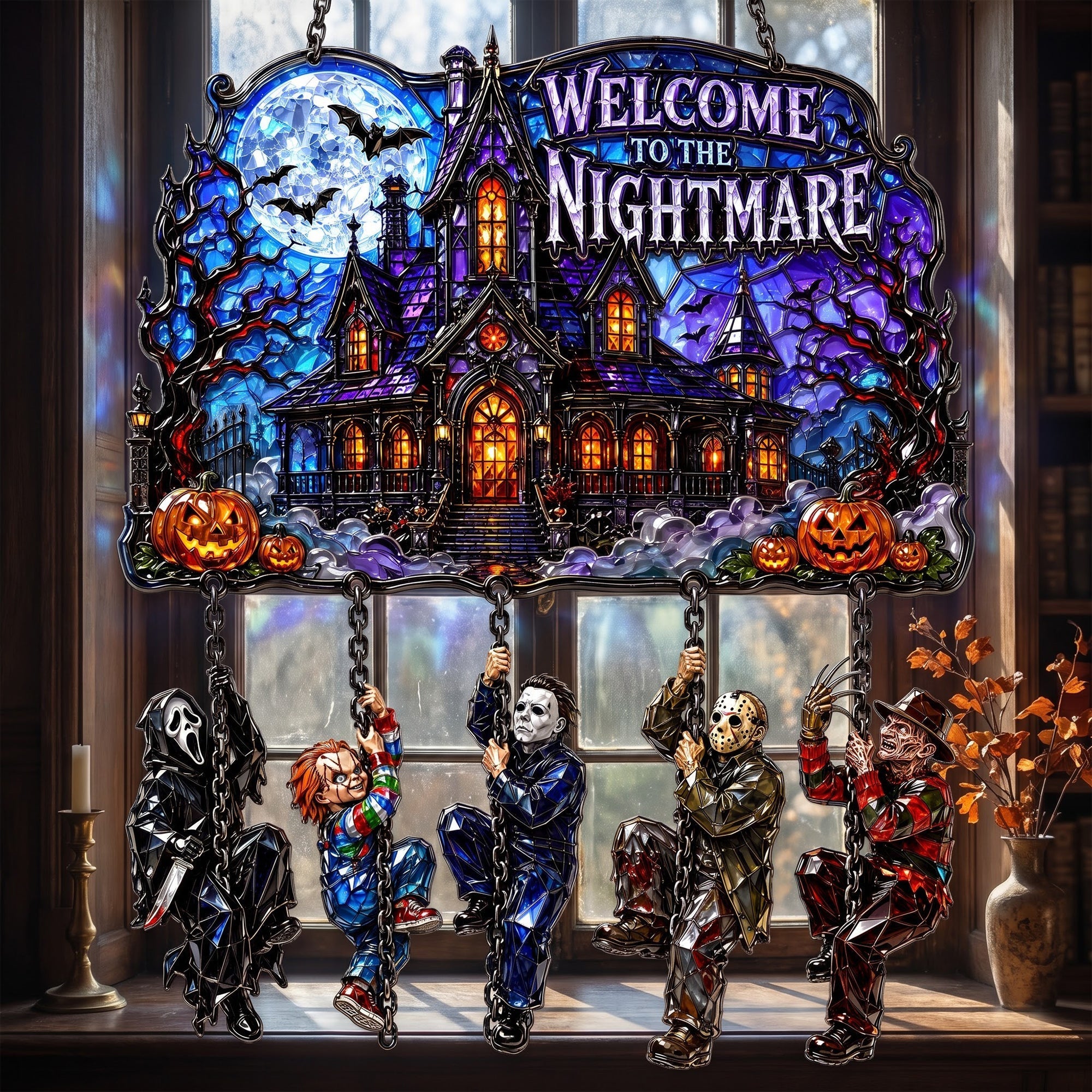 Horror Villains Halloween Suncatcher Ornament, Welcome To The Nightmare Spooky Window Decor - Merchluma