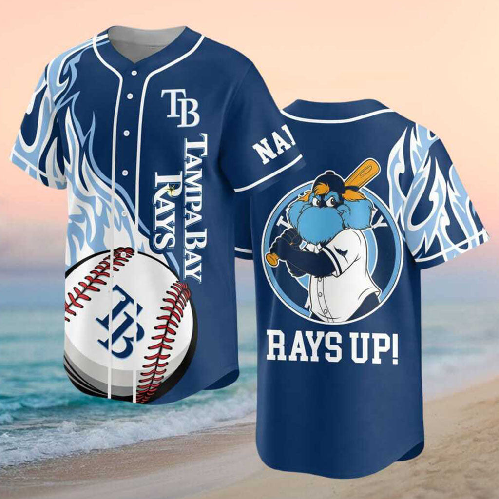 Custom Tampa Bay Rays Raymond Mascot Rays Up Flames Baseball Jersey Rays Merch Gifts For Fan - Merchluma