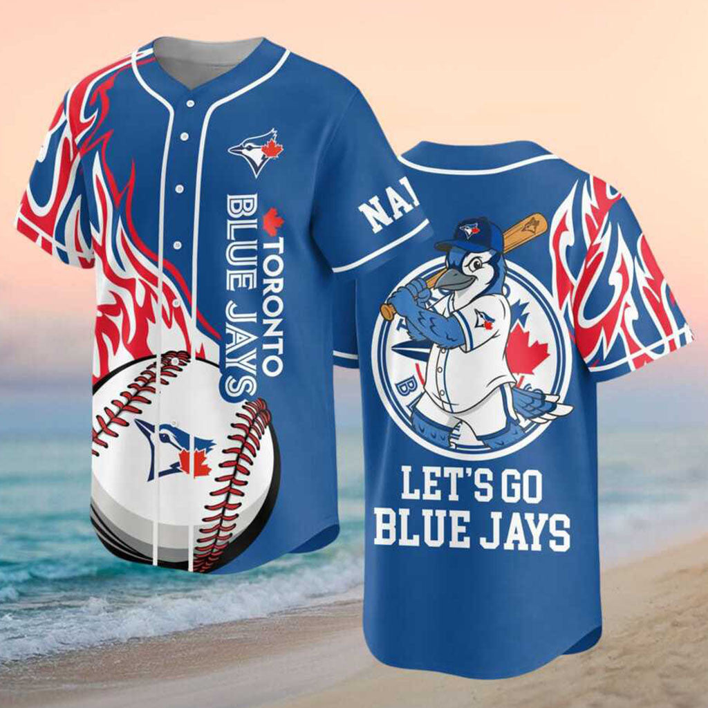 Custom Toronto Blue Jays Bird Mascot Flames Baseball Jersey Let's Go Blue Jays Merch Him Gifts - Merchluma
