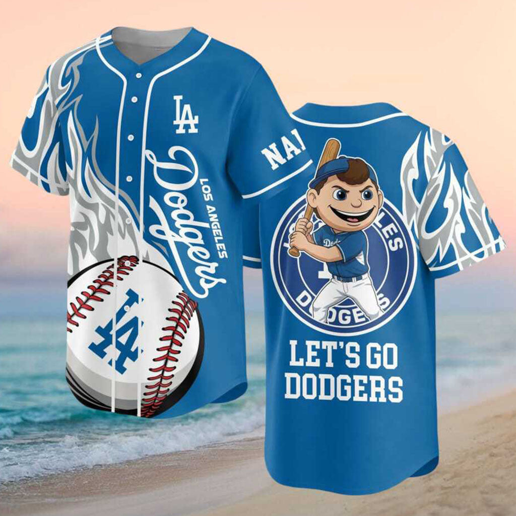 Custom Los Angeles Dodgers Boy Mascot Flames Baseball Jersey Let's Go Dodgers Merch Fans Gifts - Merchluma