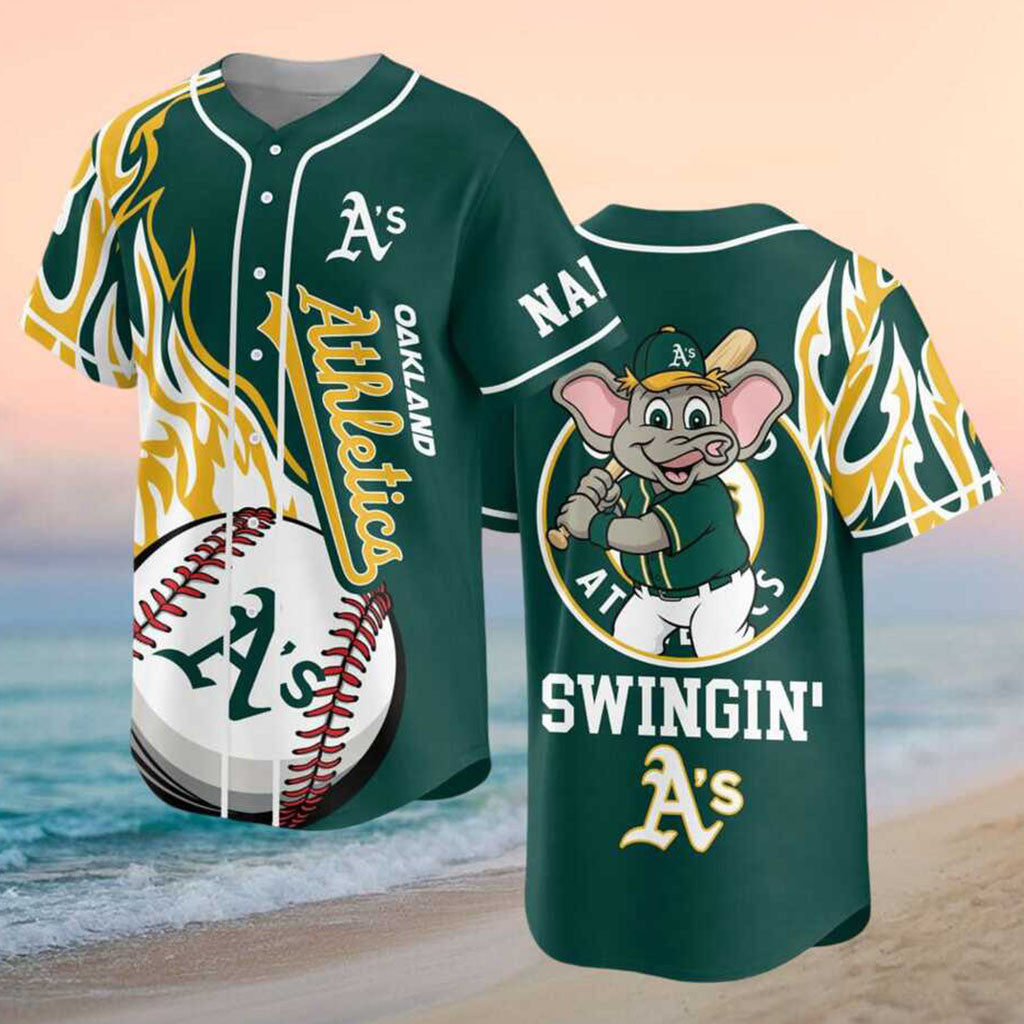 Custom Oakland Athletics Elephant Mascot Flames Swingin A's Baseball Jersey Athletics Merch Gifts - Merchluma