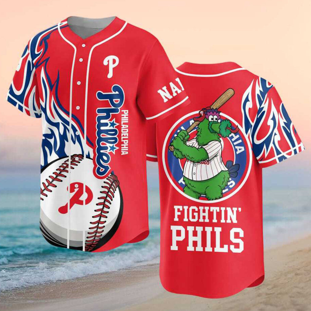 Custom Philadelphia Phillies Phanatic Mascot Flames Baseball Jersey Fightin Phils Merch Gifts - Merchluma