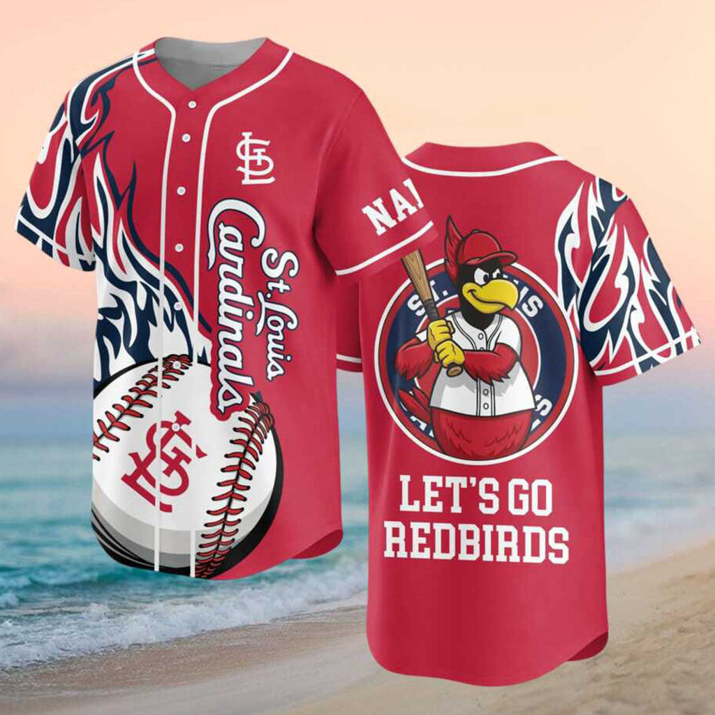 Custom St Louis Cardinals Fredbird Let's Go Redbirds Flames Baseball Jersey Cardinals Merch - Merchluma