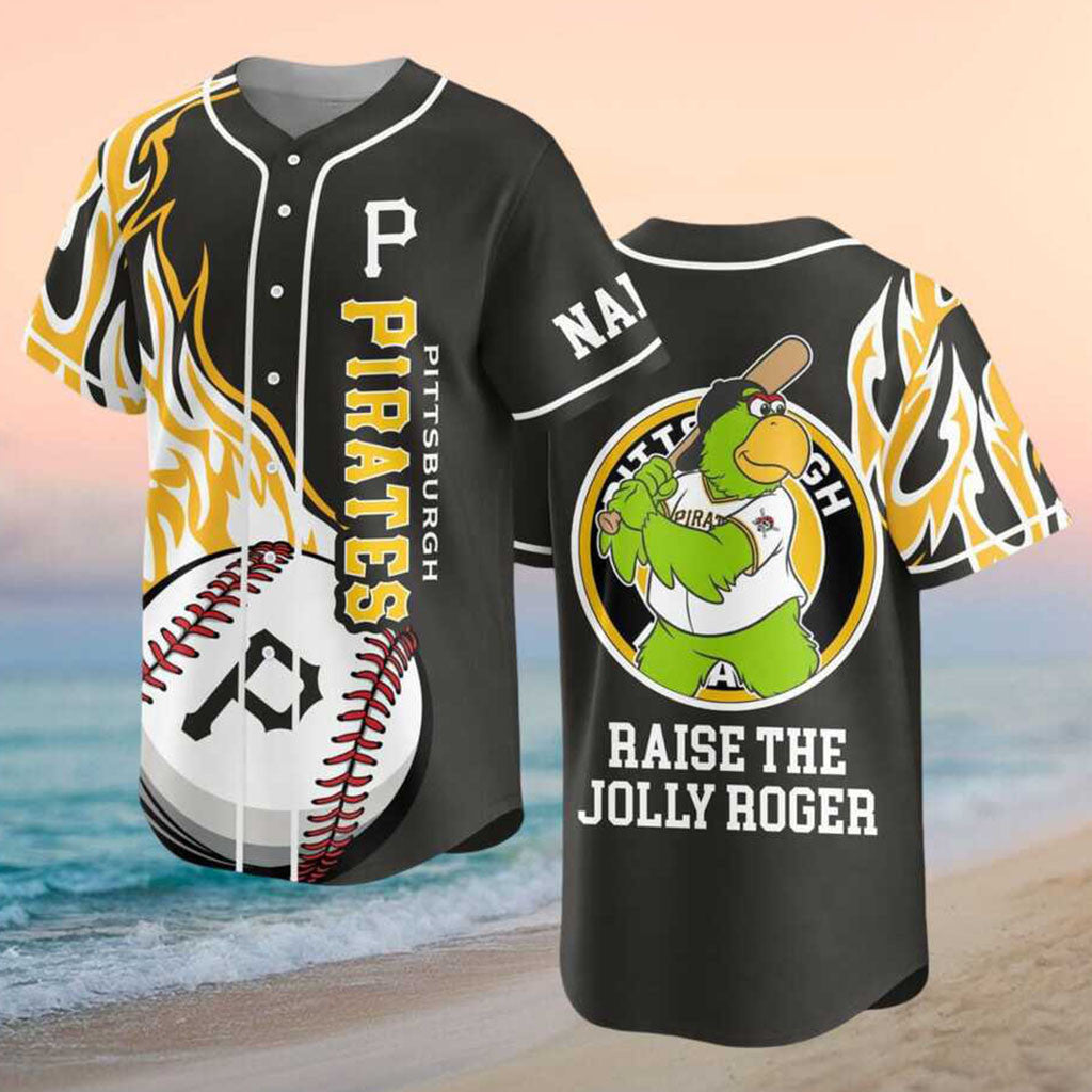 Custom Pittsburgh Pirates Parrot Mascot Flames Raise The Jolly Roger Baseball Jersey Pirates Merch - Merchluma
