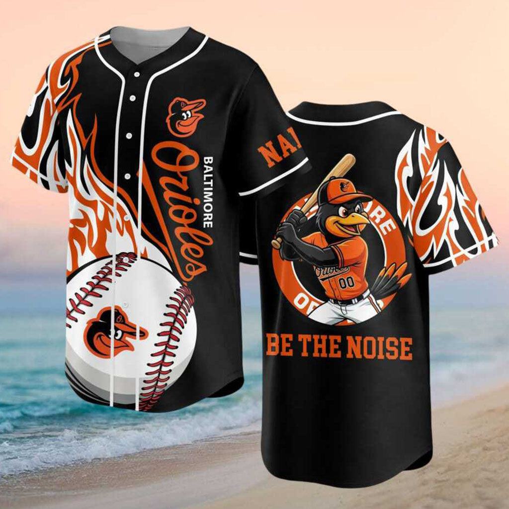 Baltimore Orioles Bird Mascot Flames Be The Noise Baseball Jersey Baltimore Orioles Merch - Merchluma