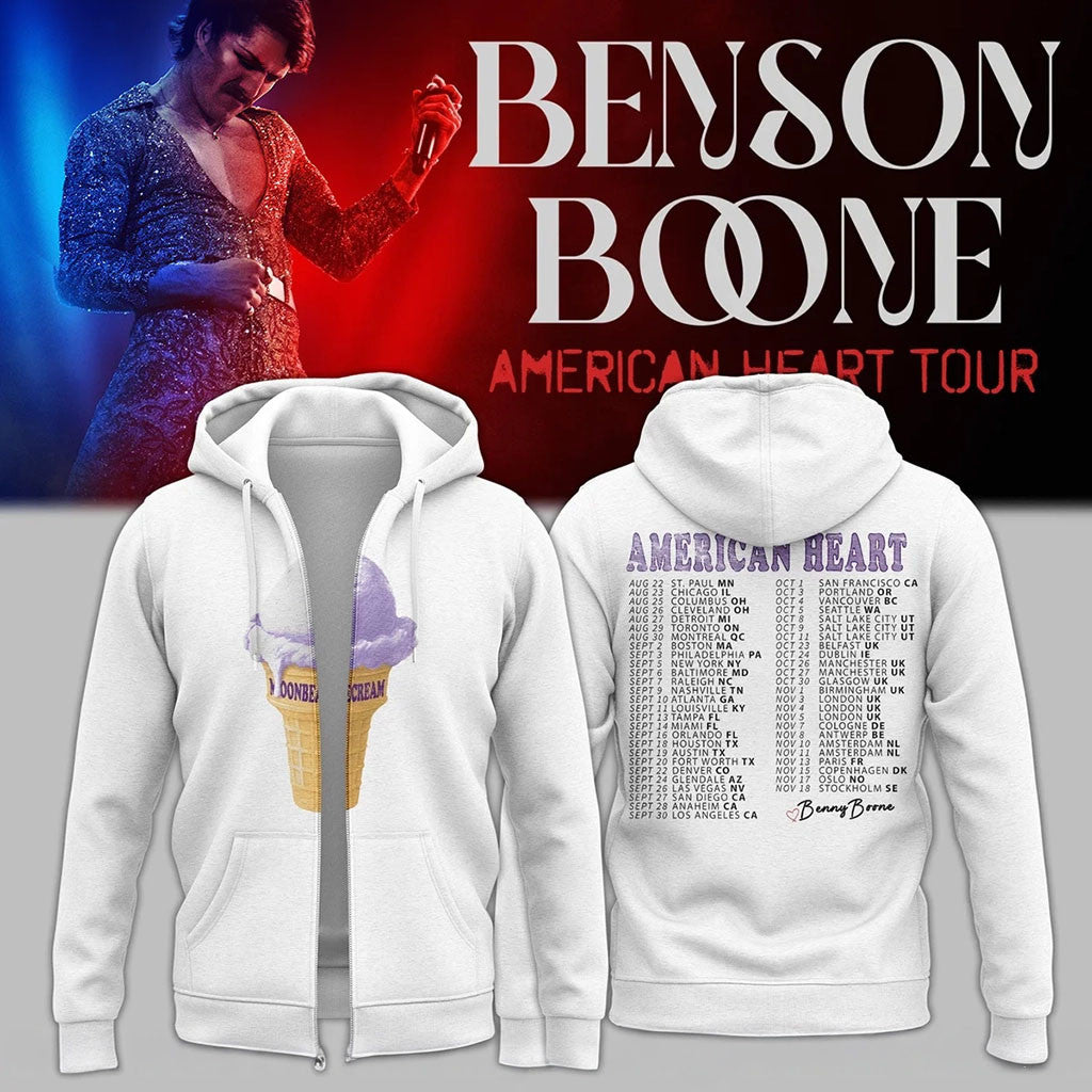 Benson Boone Merch 2026 American Heart Tour Zip Hoodie Signed Tour Dates Concert Outfits - Merchluma