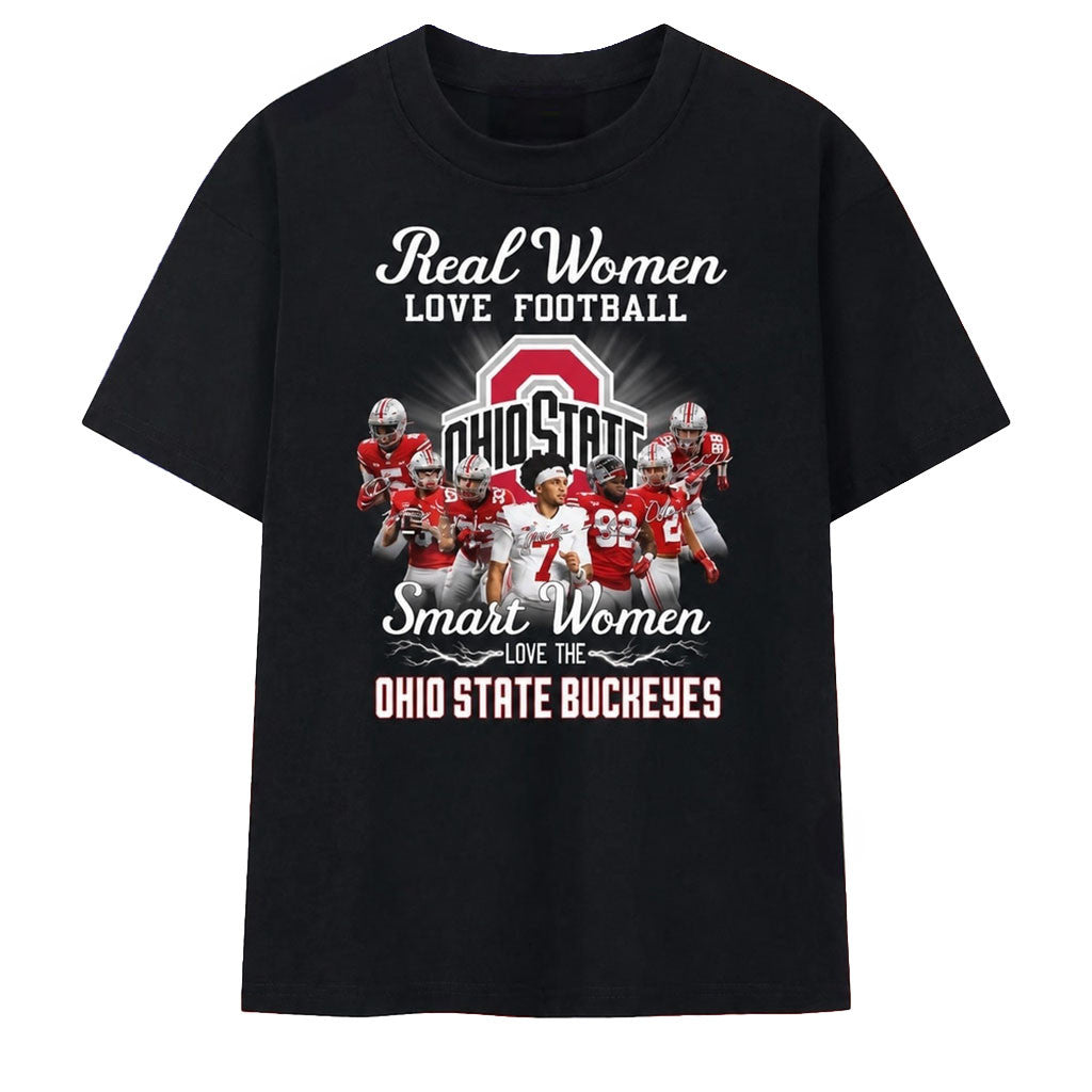 Buckeyes Merch Real Women Love Football Smart Women Love Ohio State Buckeyes T-Shirt - Merchluma