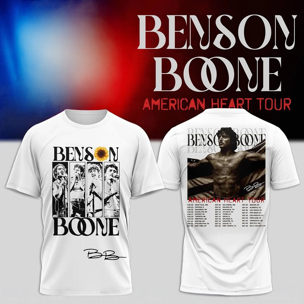 Benson Boone Merch 2026 American Heart Tour Signed T-Shirt Tour Dates Tee Music Fan Apparel - Merchluma