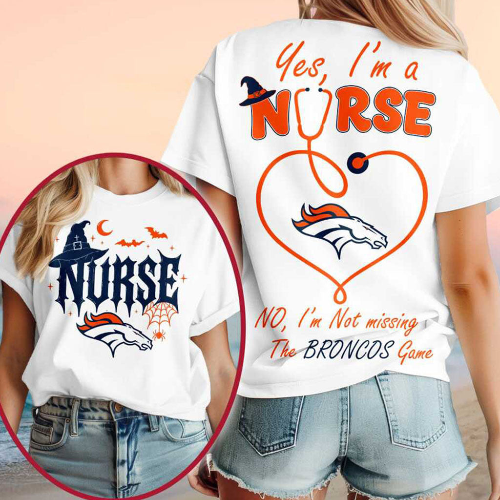 Denver Broncos Yes I'm A Nurse Halloween Witch Hat Stethoscope Shirt Broncos Merch Fan Gifts - Merchluma