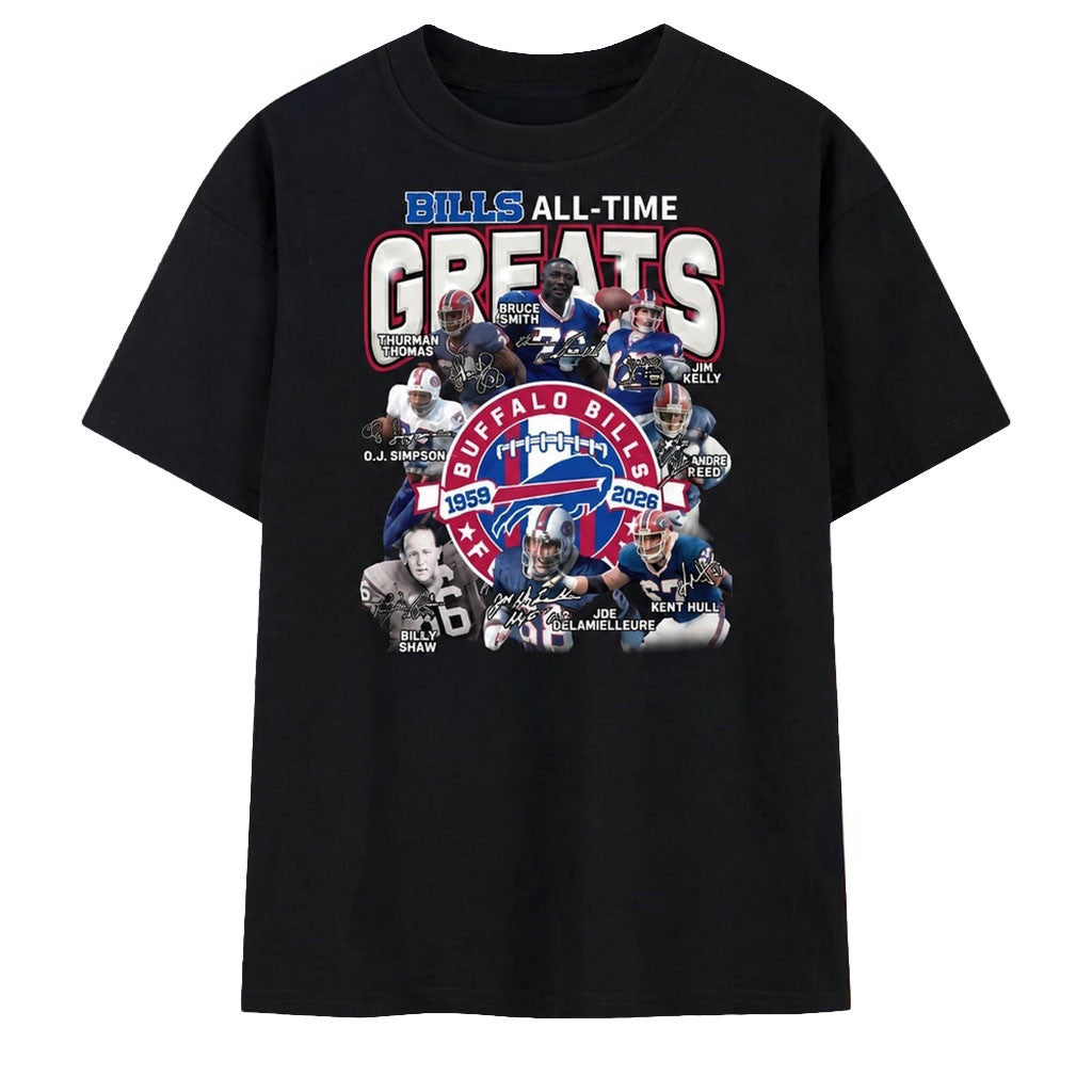 Buffalo Bills All Time Greats 1959 2026 Signatures Legends T-Shirt Buffalo Bills Merch Fan Gift - Merchluma