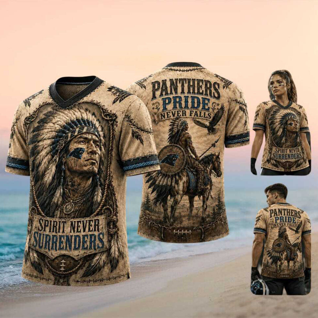 Carolina Panthers Native Warrior Spirit Never Surrenders V-Neck Shirt Carolina Panthers Merch - Merchluma